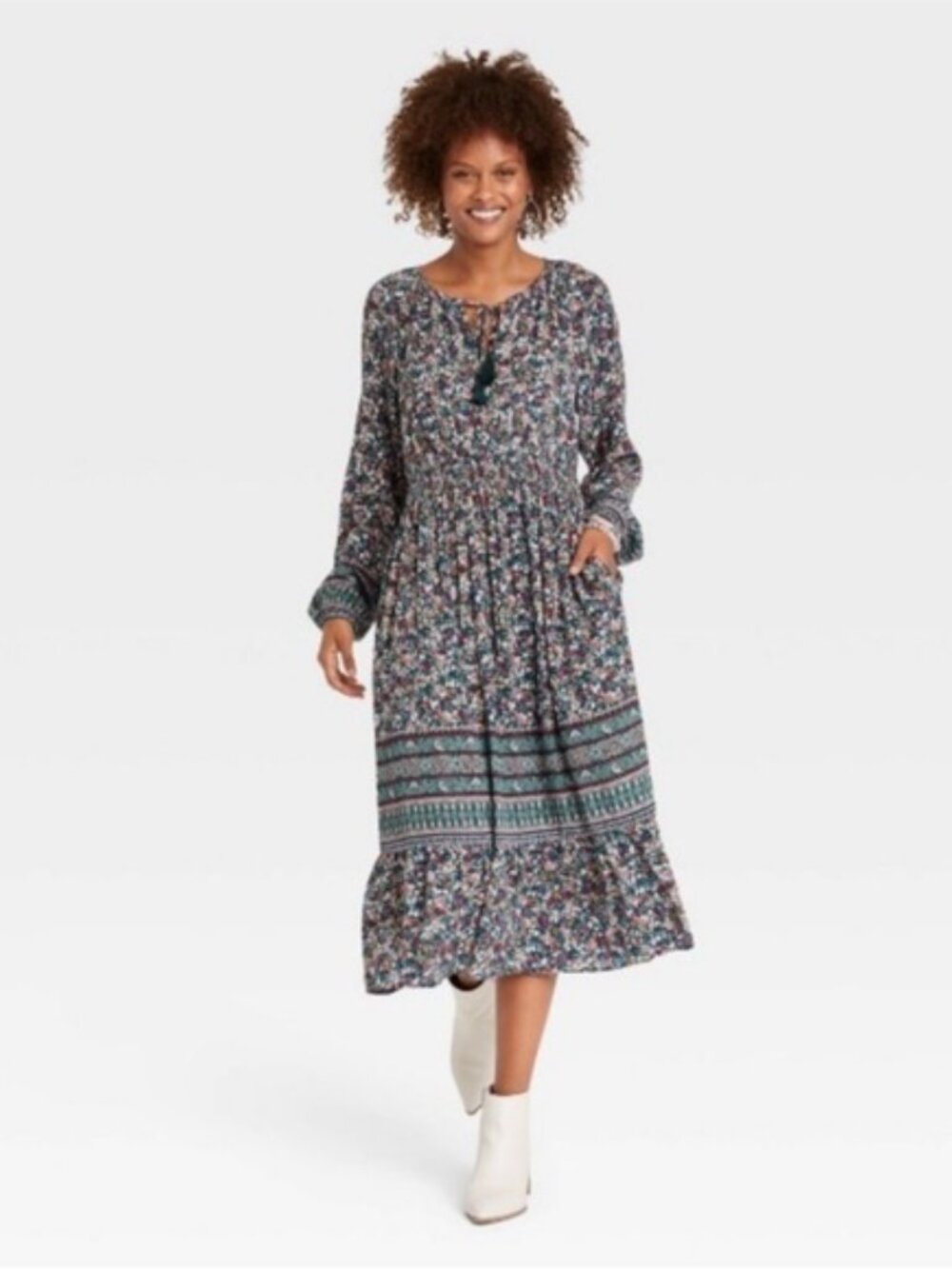 Knox Rose Teal Floral Boho Midi dress with tassels Medium